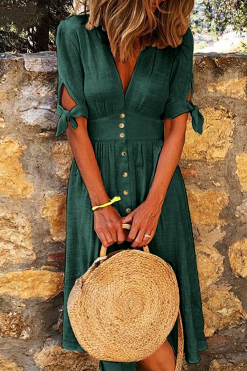 Casual Elegant Buckle Knotted V Neck Buttons Down Midi Dress