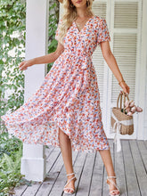 Load image into Gallery viewer, Floral V Neck Short Sleeve Ruffle Midi Dress

