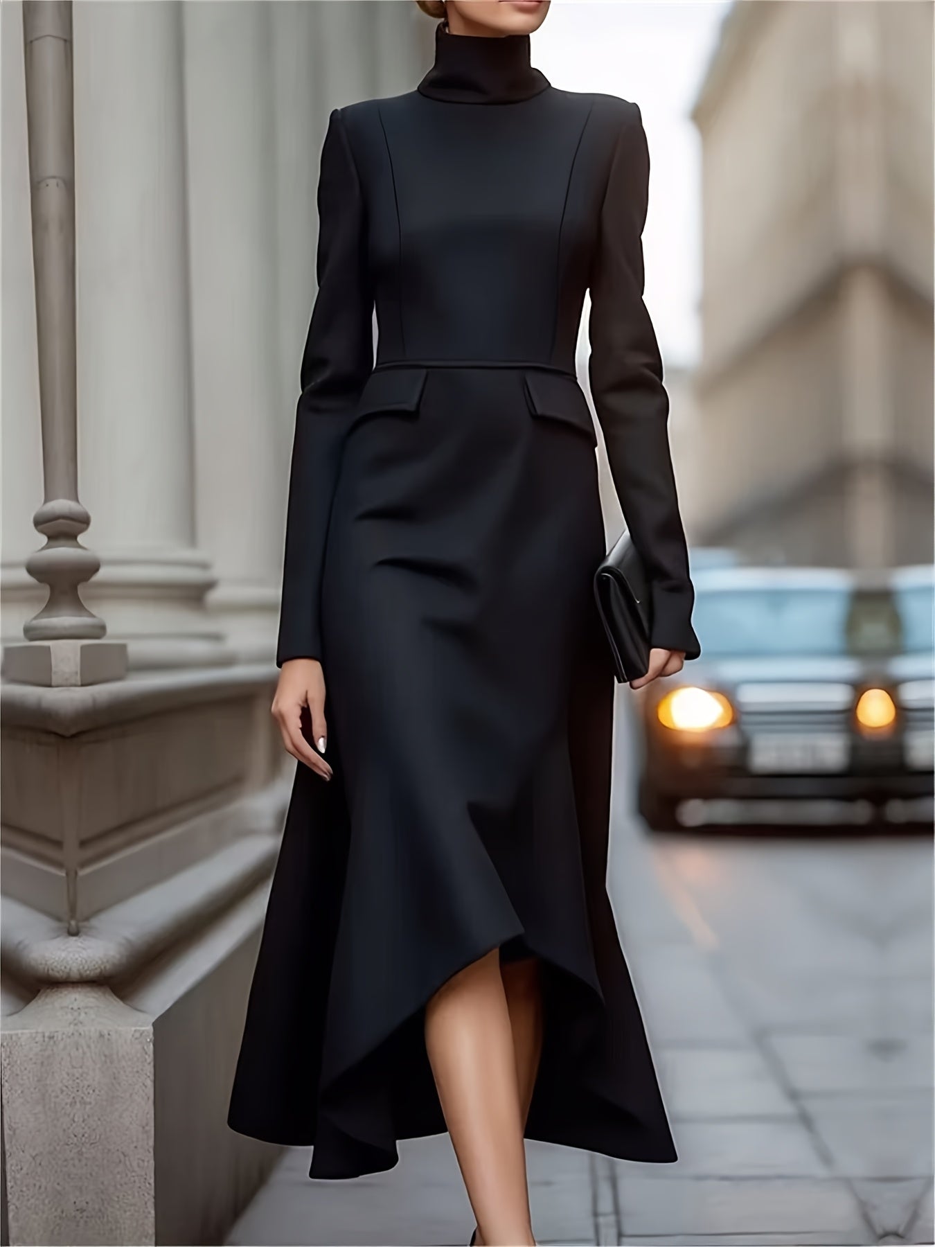 Black Elegant High Neck Long Sleeve Midi Dress