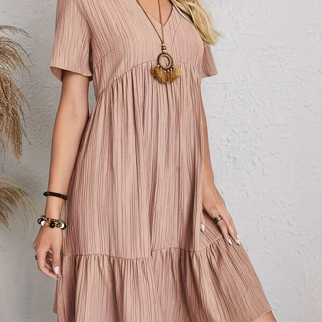 Elegant Casual Short Sleeve V-Neck Tiered Midi Dress