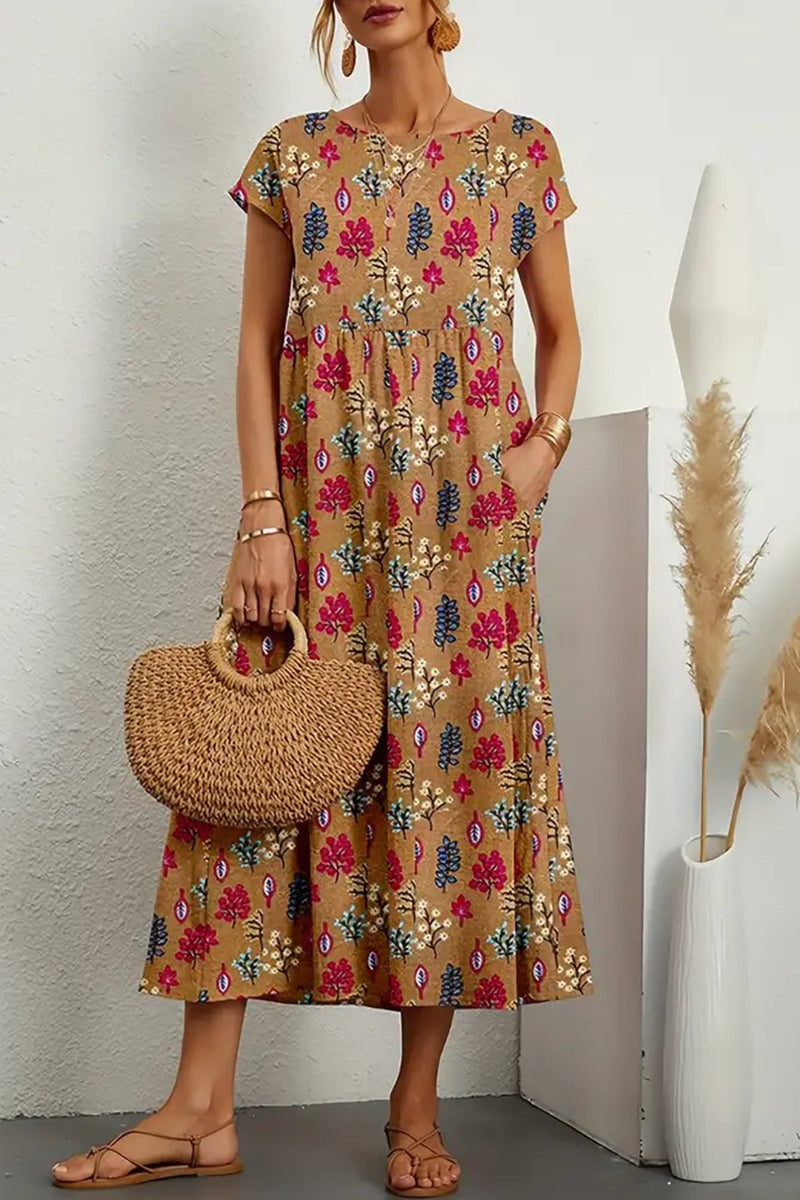 Casual Floral Pocket Round Neck Midi Dress