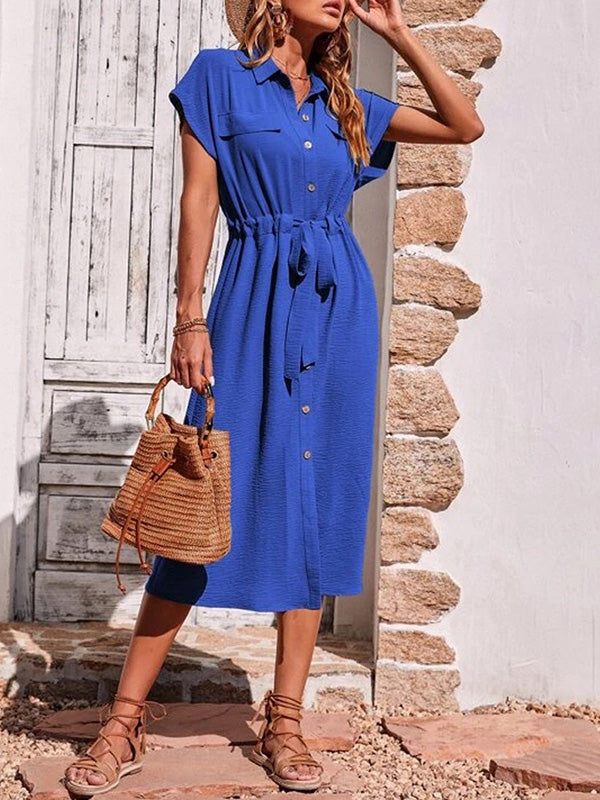 Simple Short Sleeves Collar Drawstring Waist Shirt Midi Dress