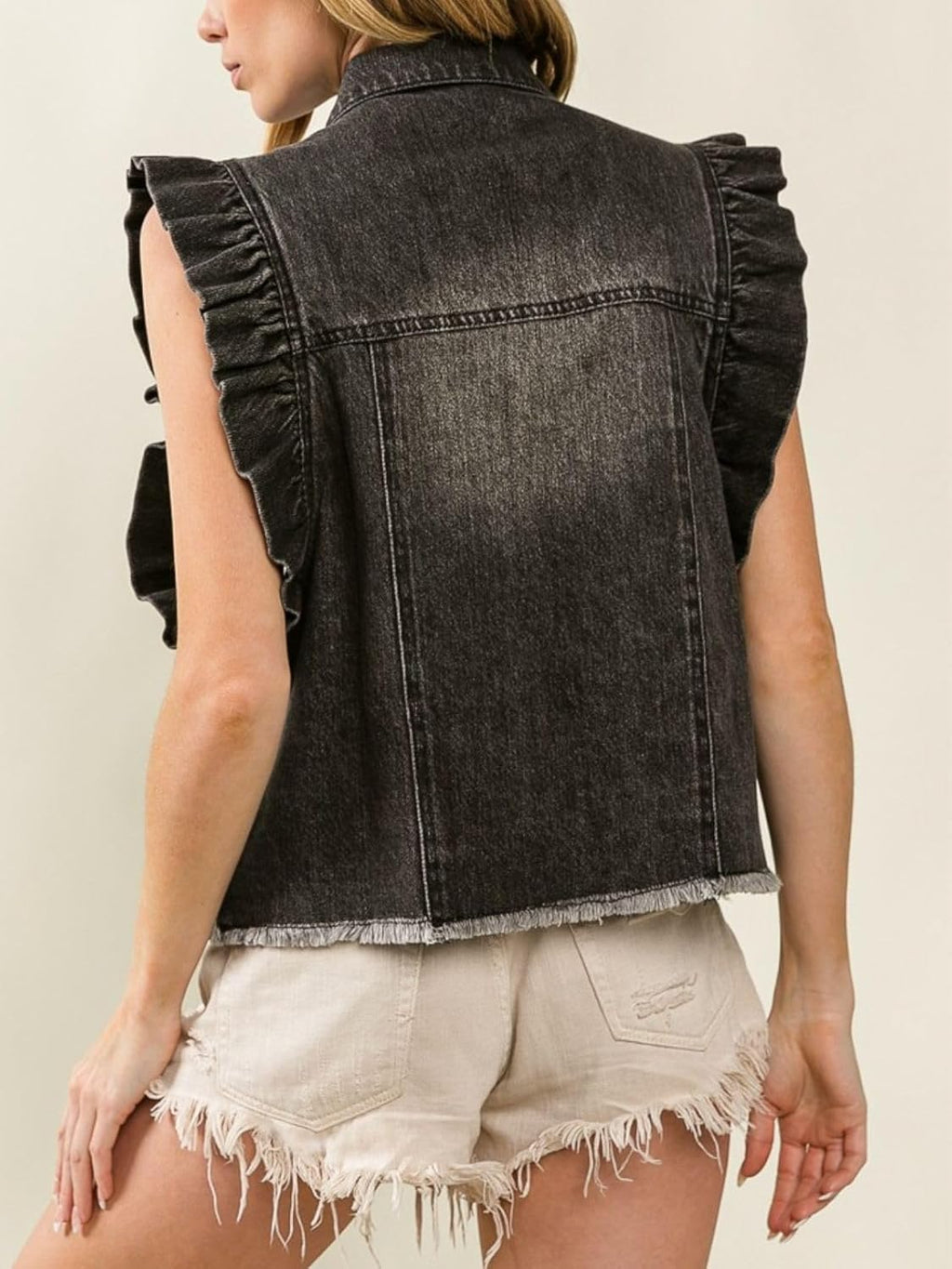 Distressed Ruffled Sleeves Denim Vest Button Down Frayed Hem Jean Jacket
