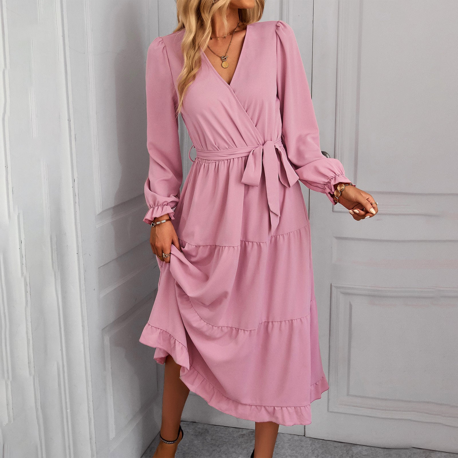 Casual Long Sleeve V-neck Sash Tiered Midi Dress