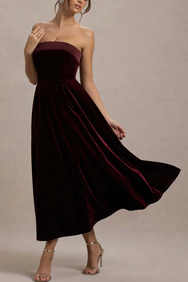 Elegant Strapless A-line Velvet Midi Dress