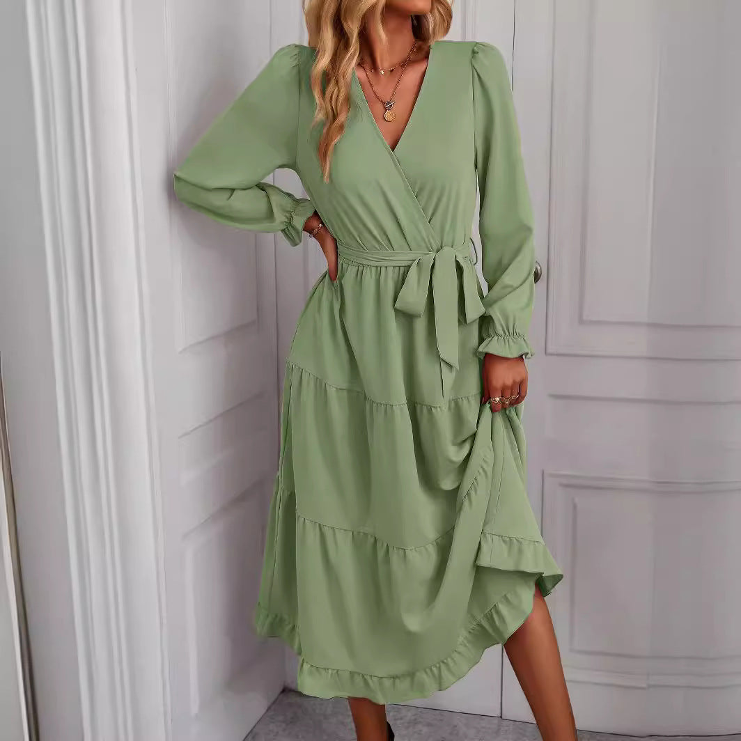 Casual Long Sleeve V-neck Sash Tiered Midi Dress