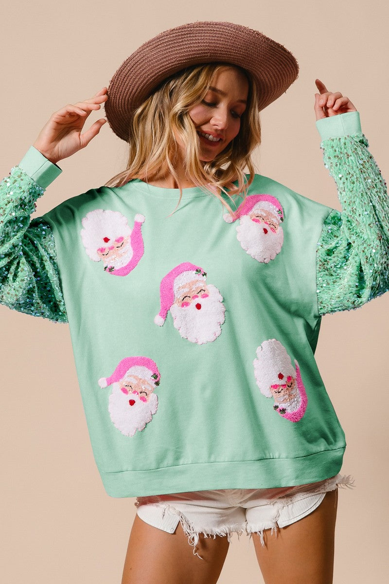 Cute Santa Christmas Sweatshirt Sequin Long Sleeve Top
