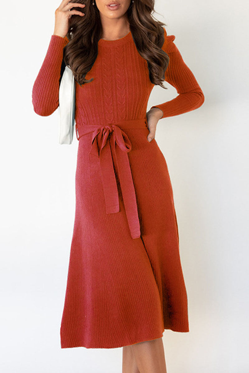 Casual Round Neck Tied Waist Long Sleeves Midi Sweater Dress