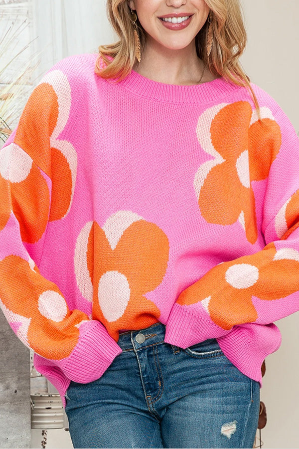 Lovely Pink Orange Floral Cable Knitted Sweater