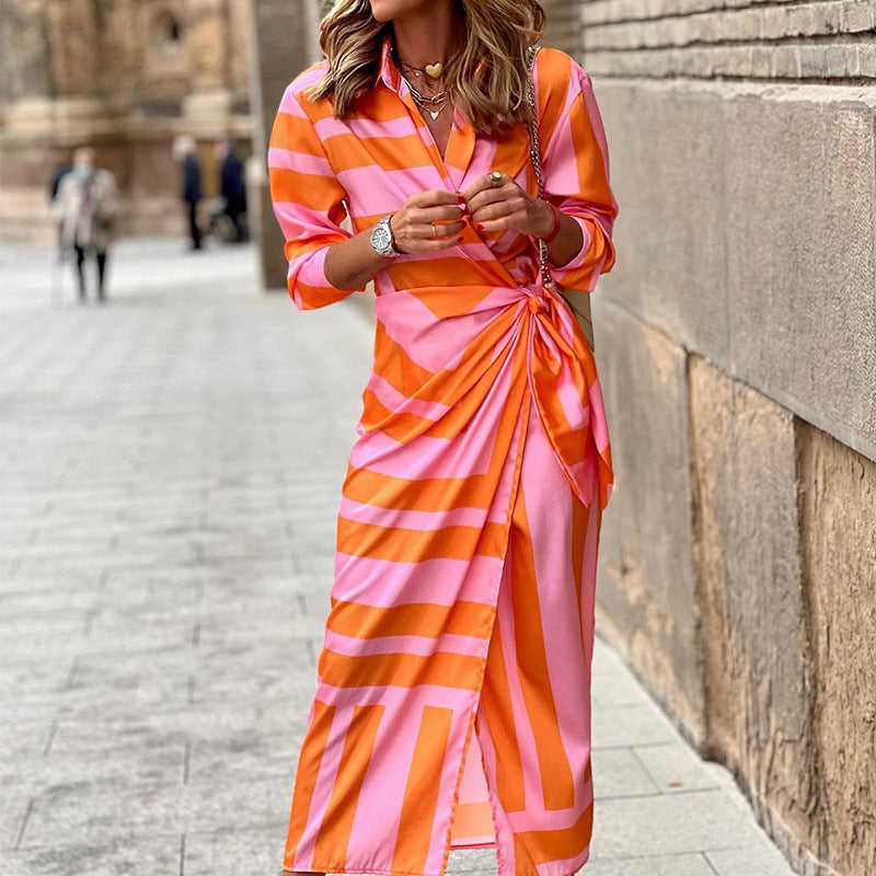 Elegant Printed Long Sleeves Ruched Midi Dress