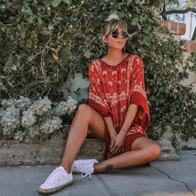 Load image into Gallery viewer, Red Bohemian Floral Tunic Dress
