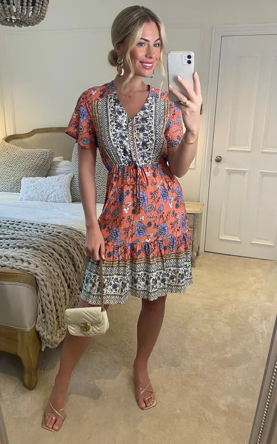 Blue Floral Print Mini Dress Sundress