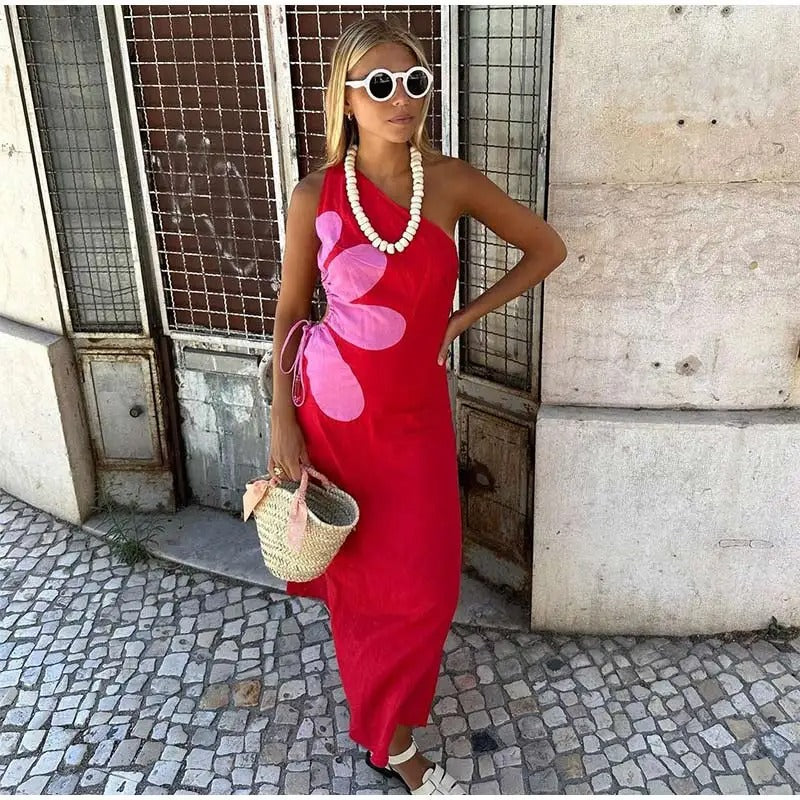 Red Floral Cut Out Midi Dress