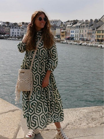 Collar Long Sleeves Print Button Down Midi Dress