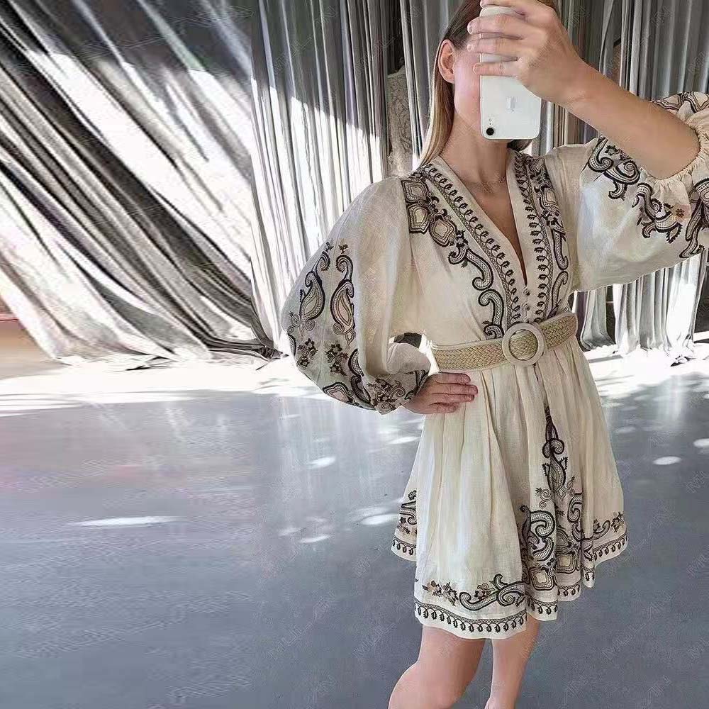 Beige Print V-neck Long Sleeve Mini Dress