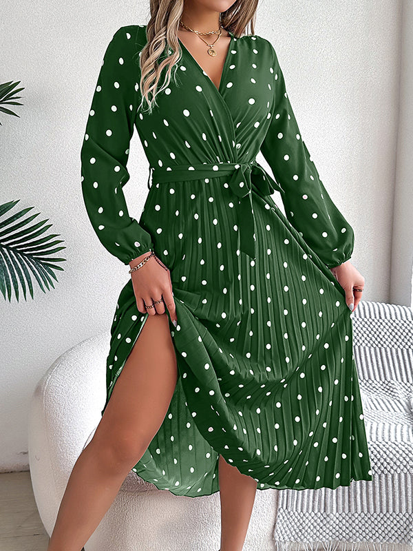 Classic V-neck Long Sleeves Polka Dots Print Midi Dress