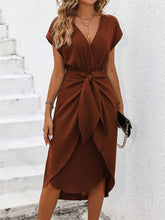Load image into Gallery viewer, Loose V-neck Short Sleeves Tie Knot Midi Dress
