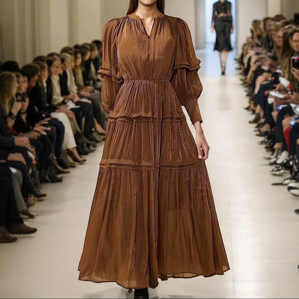 Elegant Lantern Long Sleeves V-Neck Pleated Tiered Maxi Dress