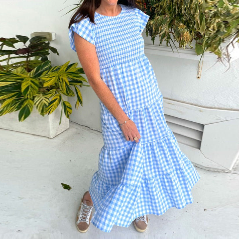 Blue Gingham Smocked Flutter Sleeves Tiered Midi Dress