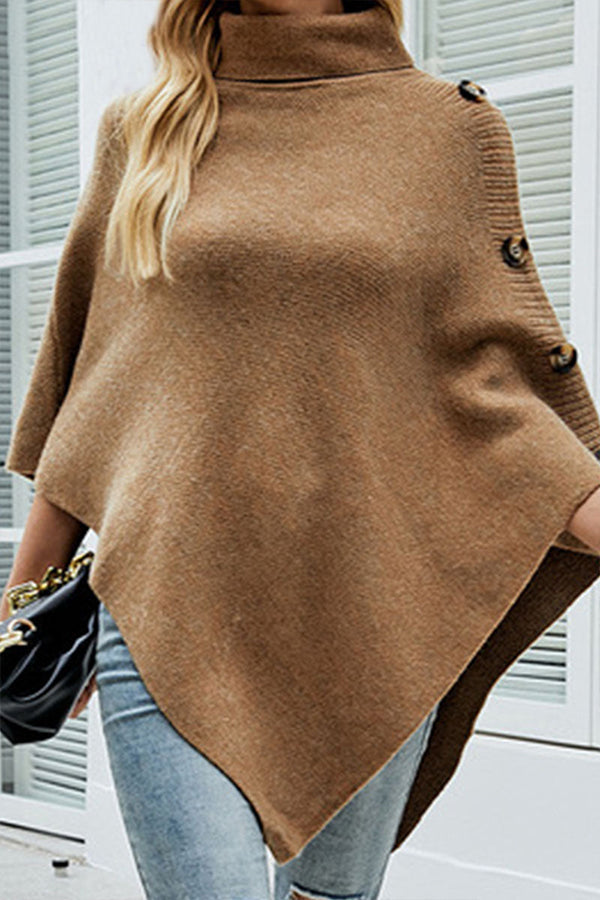Elegant Buttons Asymmetrical Turtleneck Sweater Cape Outerwear