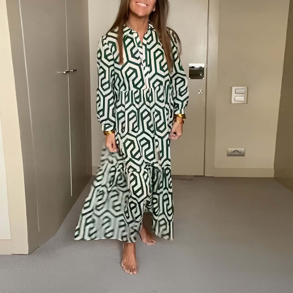 Collar Long Sleeves Print Button Down Midi Dress