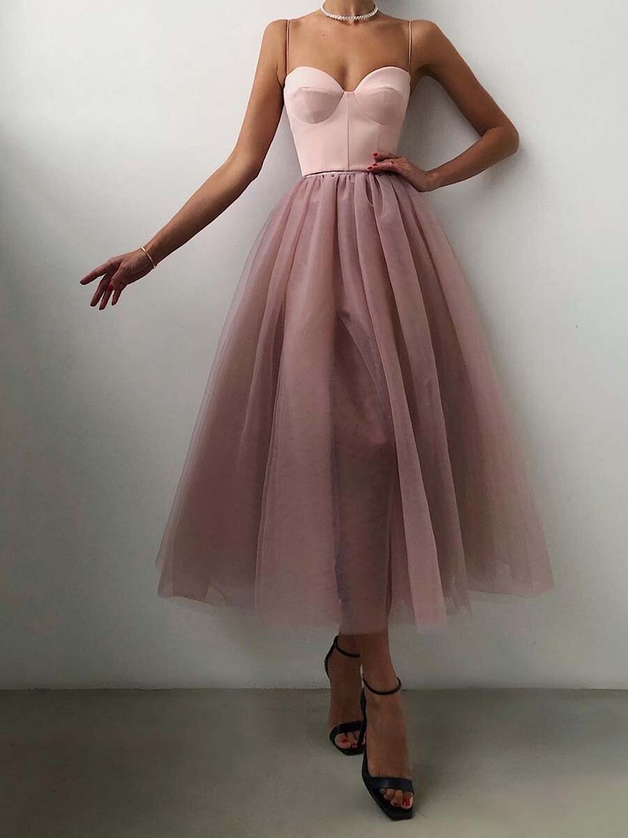 French Vintage Sweatheart Spaghetti Straps Split Side Mesh Midi Dress