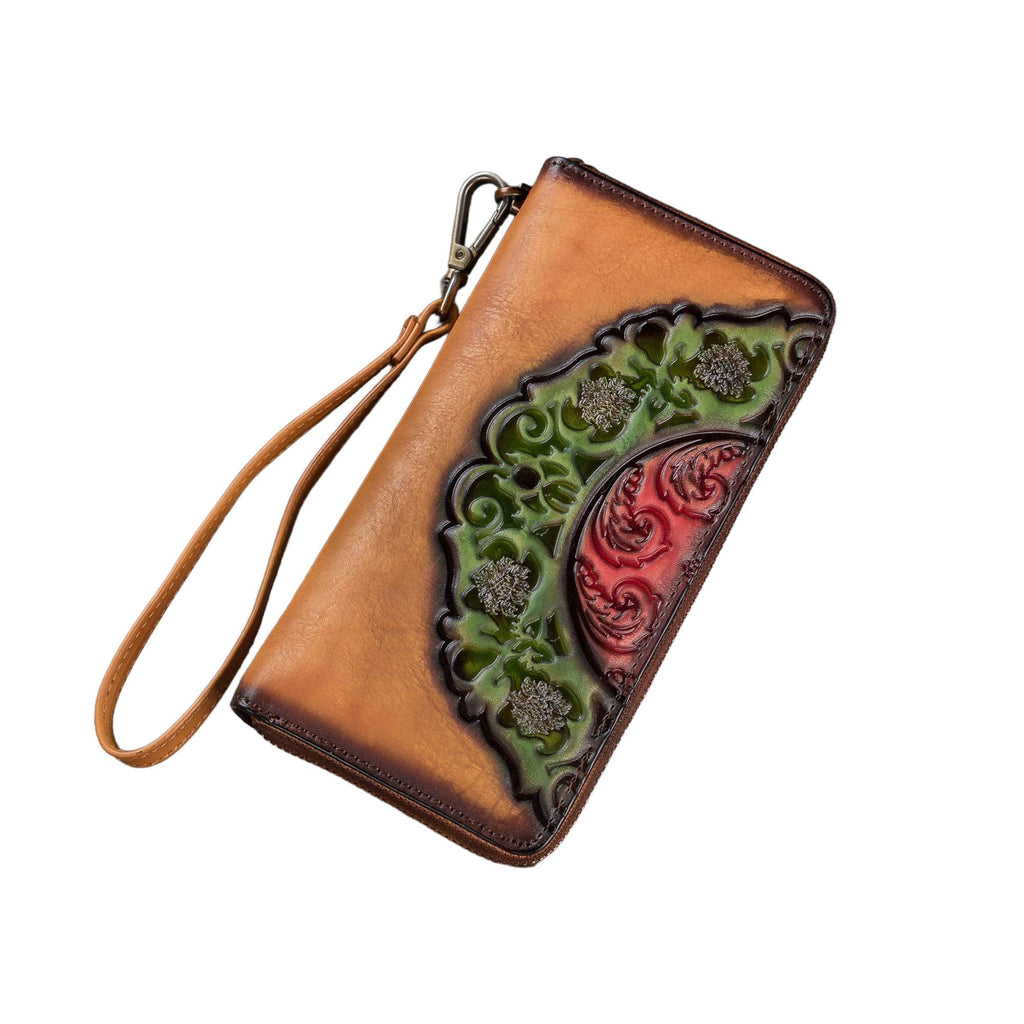 Zipper Leather Women Wallet Long Purse Vintage Handmade Clutch Purse