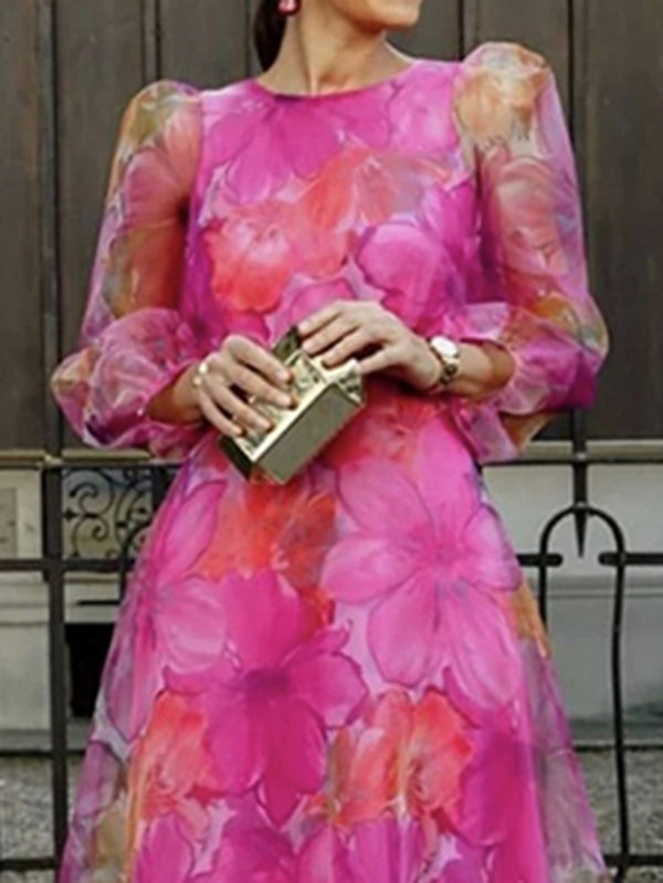 Elegant Floral Long Sleeves Gauze Midi Dress