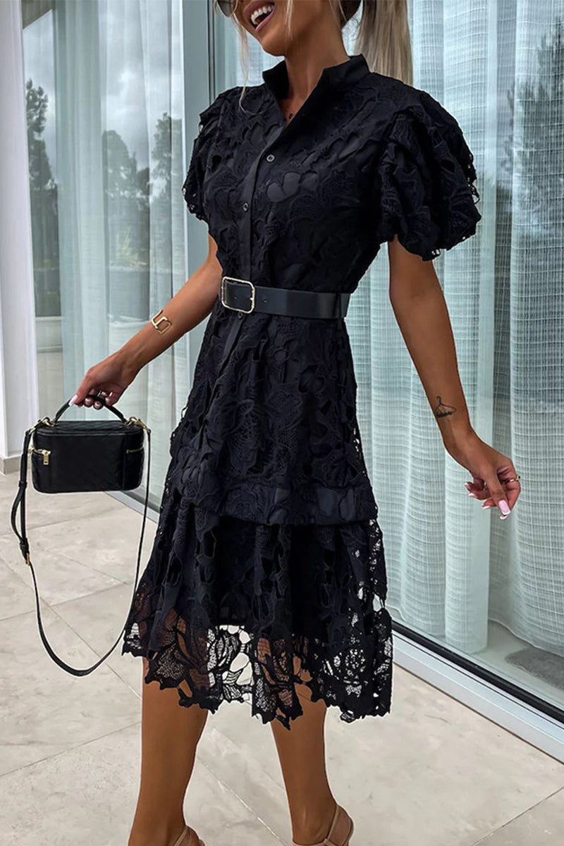 Elegant Hollowed Out Turndown Buttons Mini Lace Dress With Belt