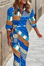 Load image into Gallery viewer, Print Turndown Collar Ruched Shirt Midi Dress
