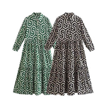 Load image into Gallery viewer, Collar Long Sleeves Print Button Down Midi Dress
