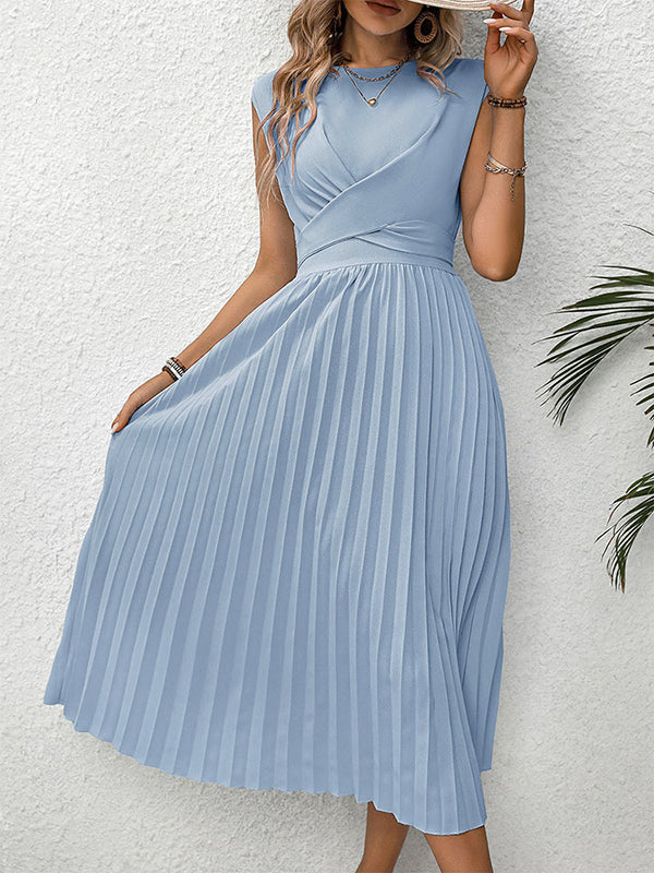 Blue Round Neck Sleeveless Pleated Midi Dress