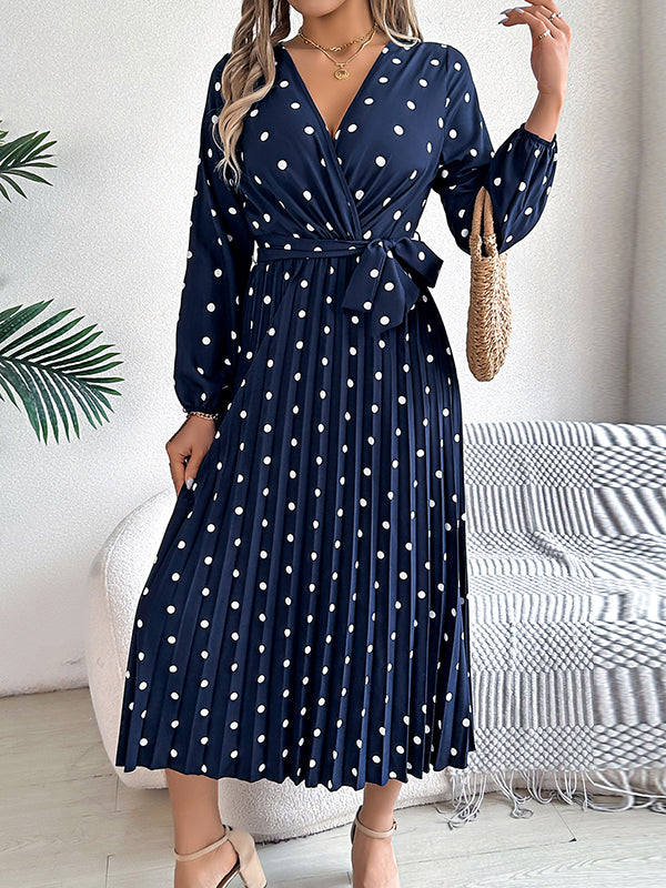 Classic V-neck Long Sleeves Polka Dots Print Midi Dress