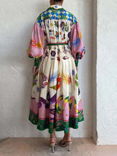Load image into Gallery viewer, Retro Print Long Sleeve Buttons Down Midi Dress
