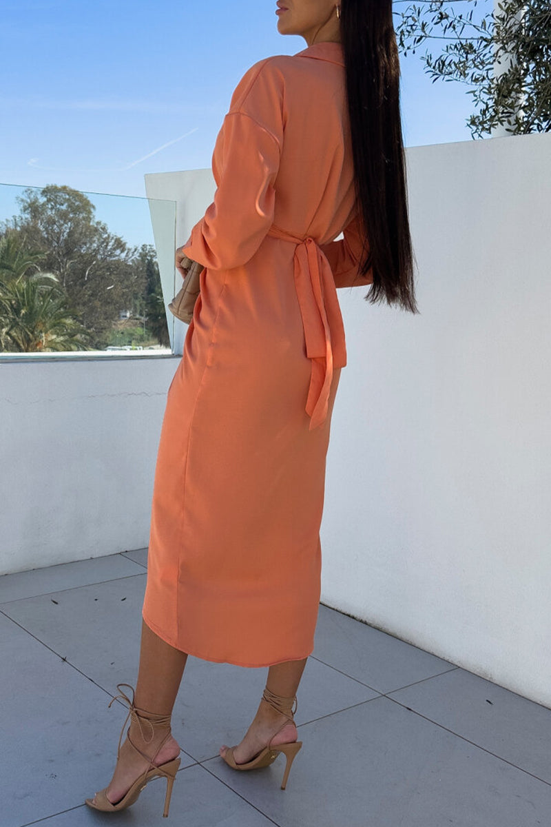 Elegant Long Sleeves Ruched Buttons Down Shirt Bodycon Midi Dress