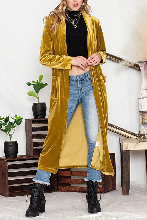 Elegant Yellow Velvet Open Front Pocket Long Coat