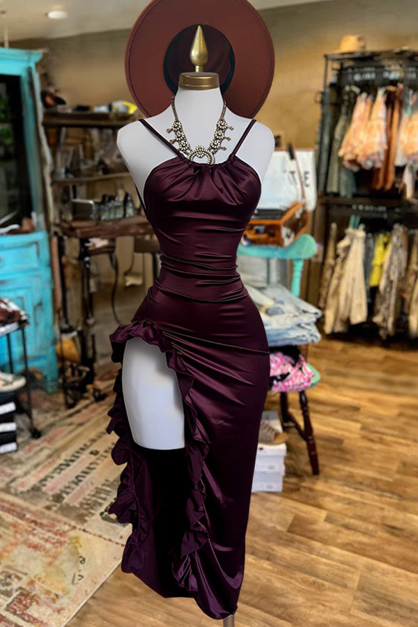 Burgundy Pretty Ruffled Slit Side Midi Dress
