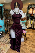 Load image into Gallery viewer, Burgundy Pretty Ruffled Slit Side Midi Dress
