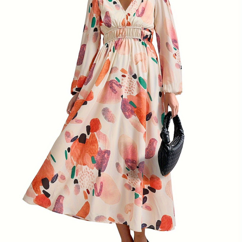 Casual Floral V Neck Long Sleeve Dress
