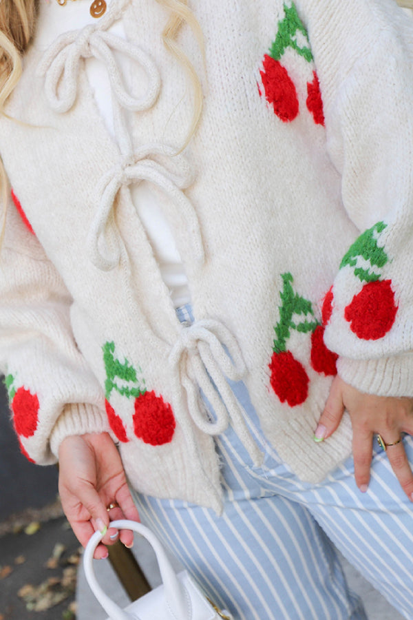 Cherry Embroidered Tied Up Cardigan Sweater