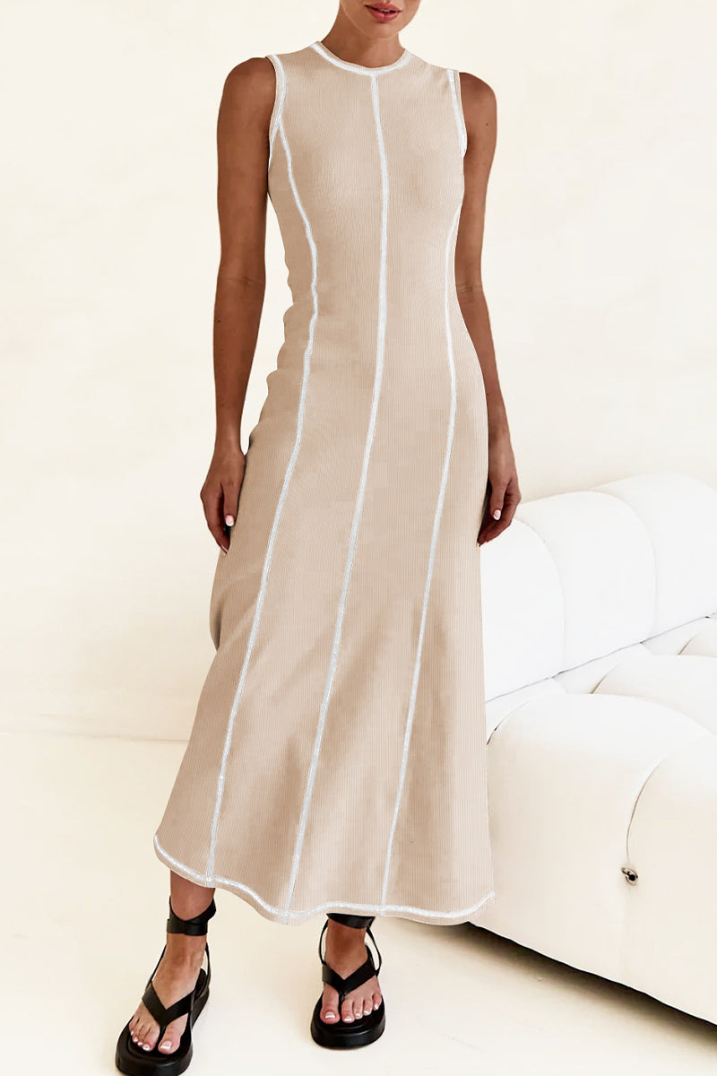 Casual Striped Contrast Sleeveless Round Necn Midi Dress