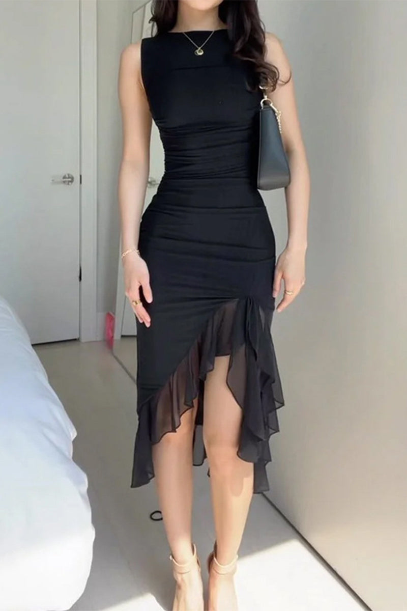 Sexy Round Neck Sleeveless Asymmetrical Midi Dress