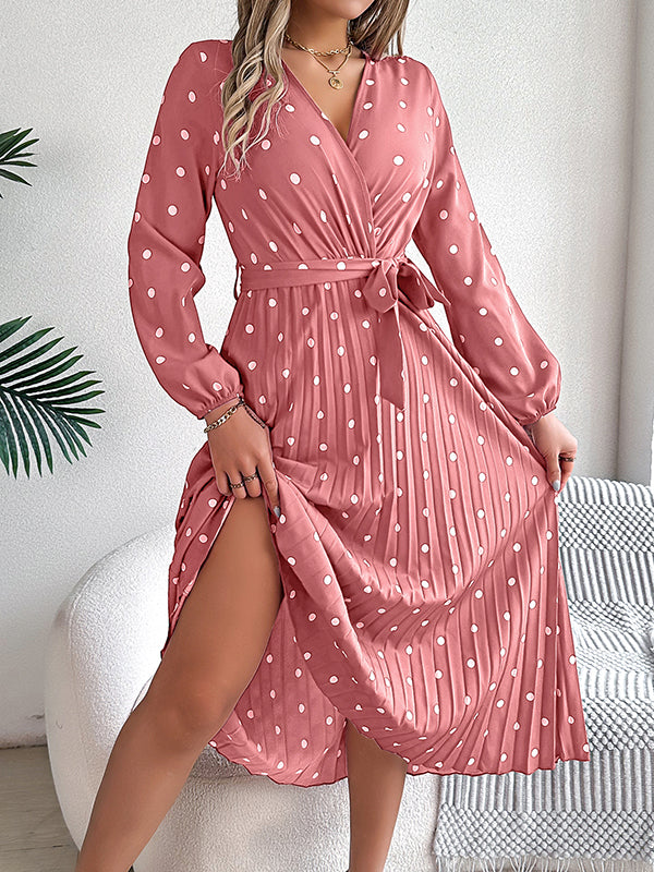 Classic V-neck Long Sleeves Polka Dots Print Midi Dress