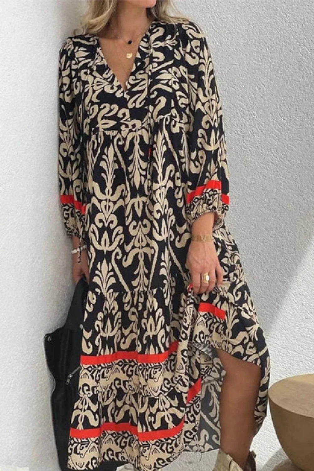 Black Loose Print Long Sleeves Maxi Dress