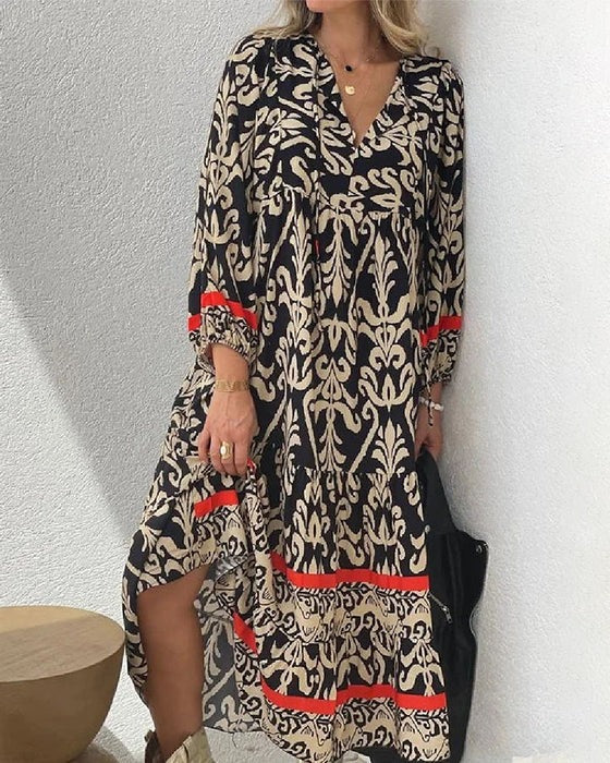 Black Loose Print Long Sleeves Maxi Dress
