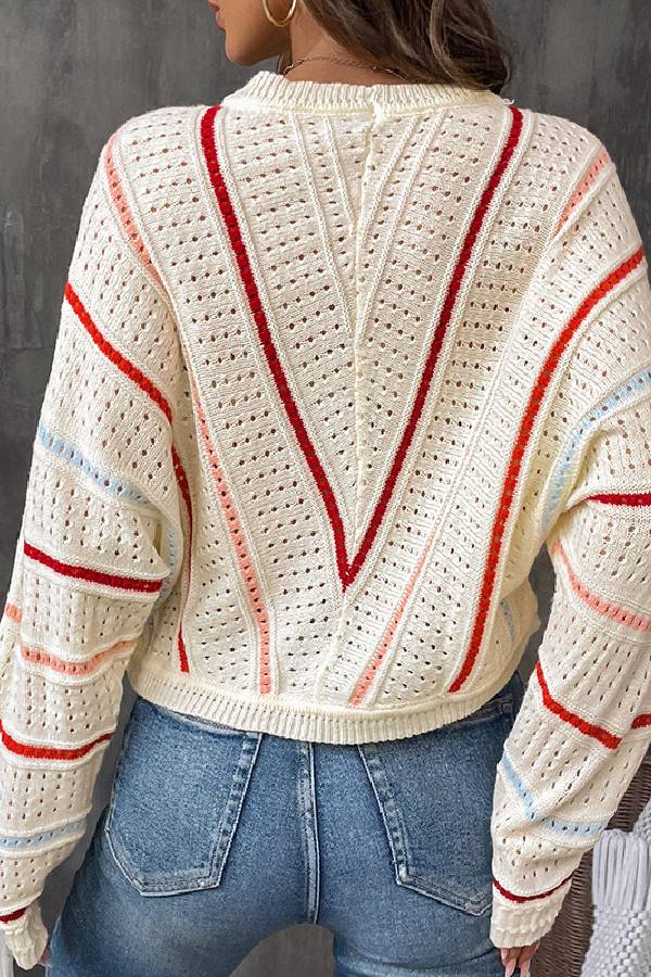 Apricot Striped Crew Neck Pullover Knit Sweater