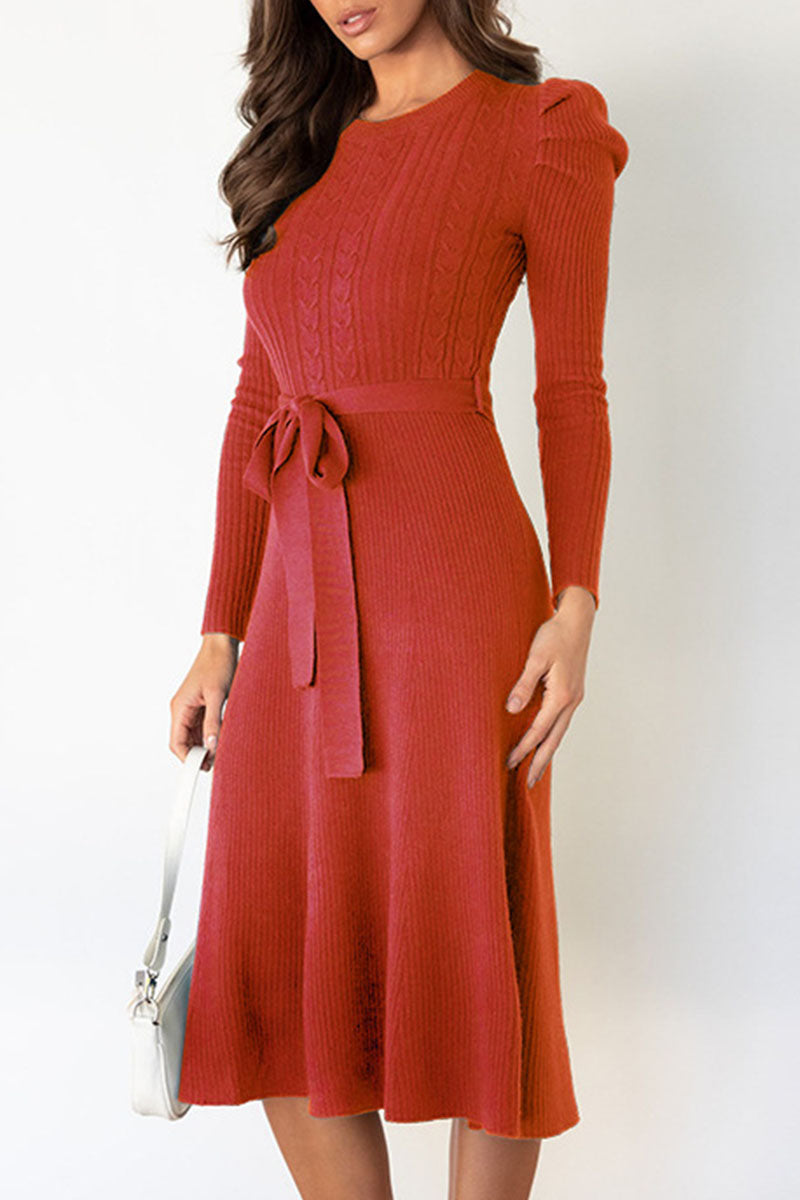 Casual Round Neck Tied Waist Long Sleeves Midi Sweater Dress