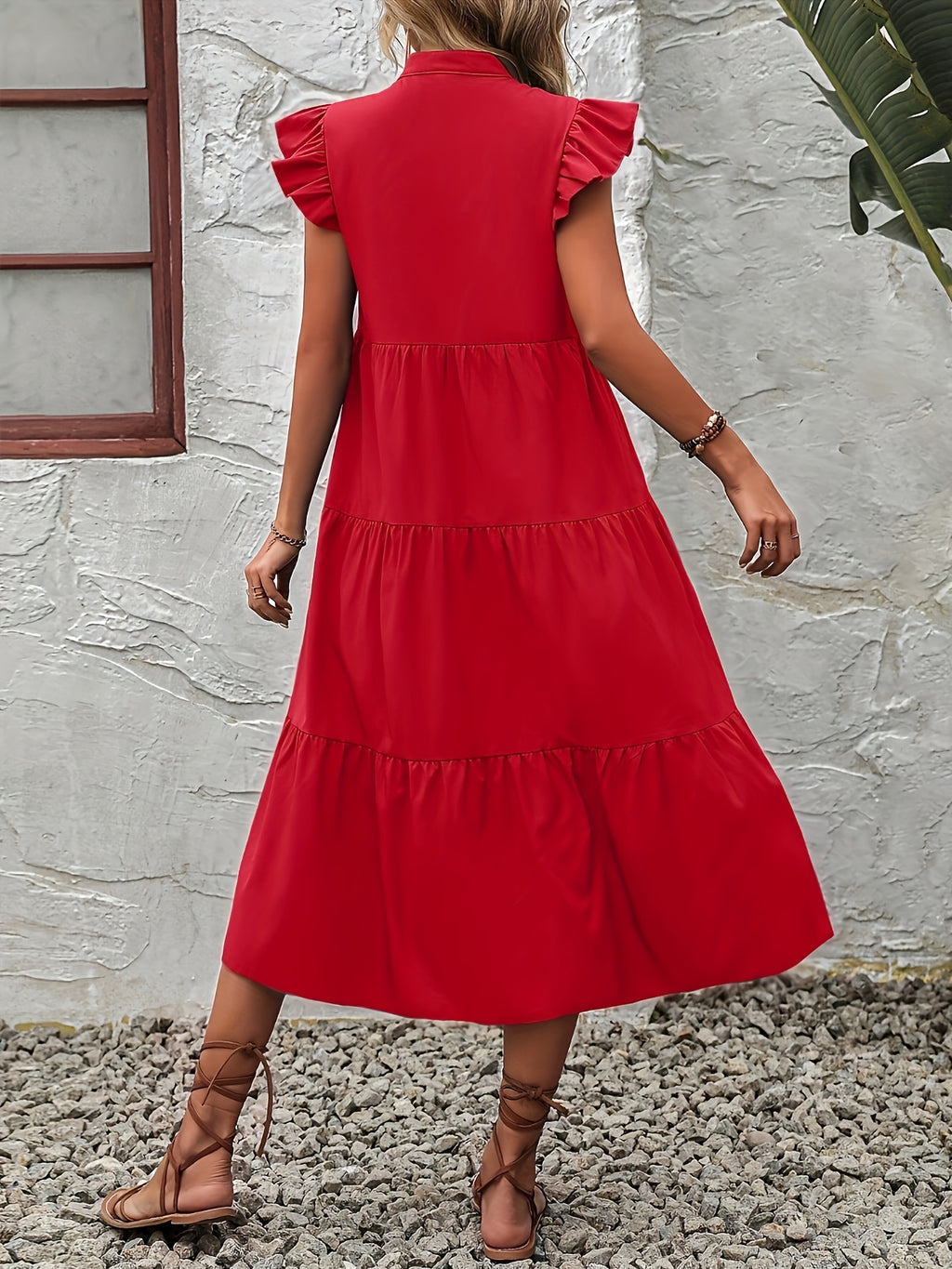 Elegant V-Neck Flutter Sleeves Tiered Swing Midi Dress