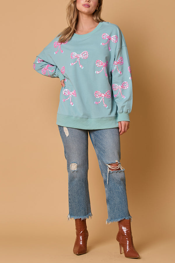 Bow Sequin Casual Loose Long Sleeve Sweatshirt