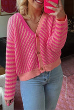 Load image into Gallery viewer, Pink Striped Buttoned V Neck Drop Shoulder Cardigan
